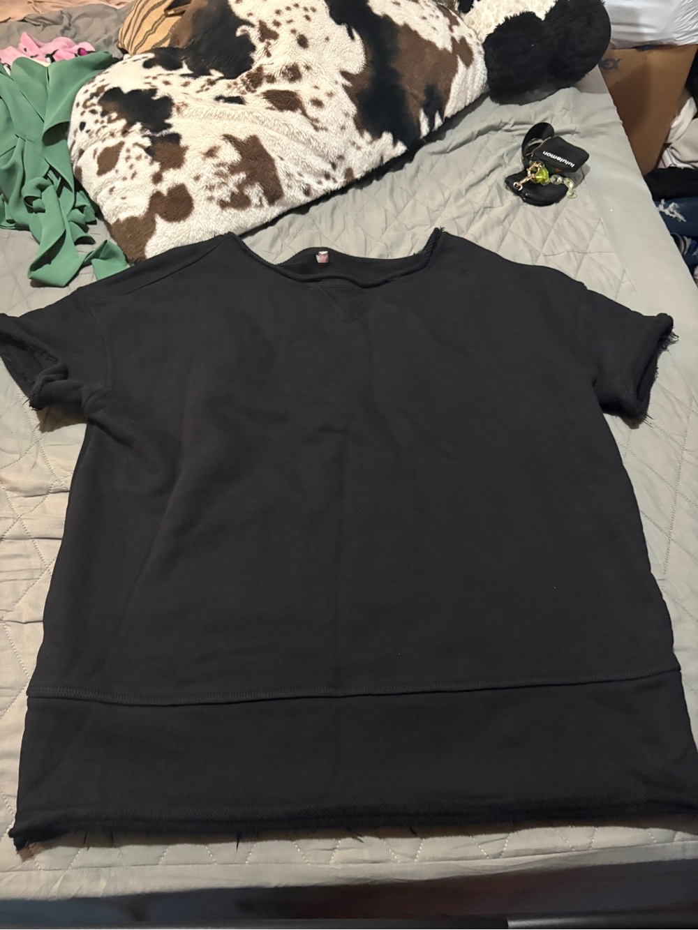 Free People Black Short Sleeve Boxy Crewneck Sweatshirt